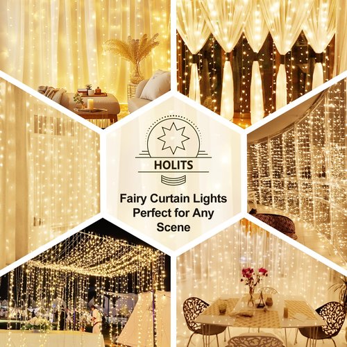 HOLITS 300 LED Fairy Curtain Lights, 9.8 x 9.8FT Warm White USB Plug in 8 Modes Hanging Lights with Remote for Christmas, Bedroom, Indoor, Outdoor, Weddings, Party (Warm White)