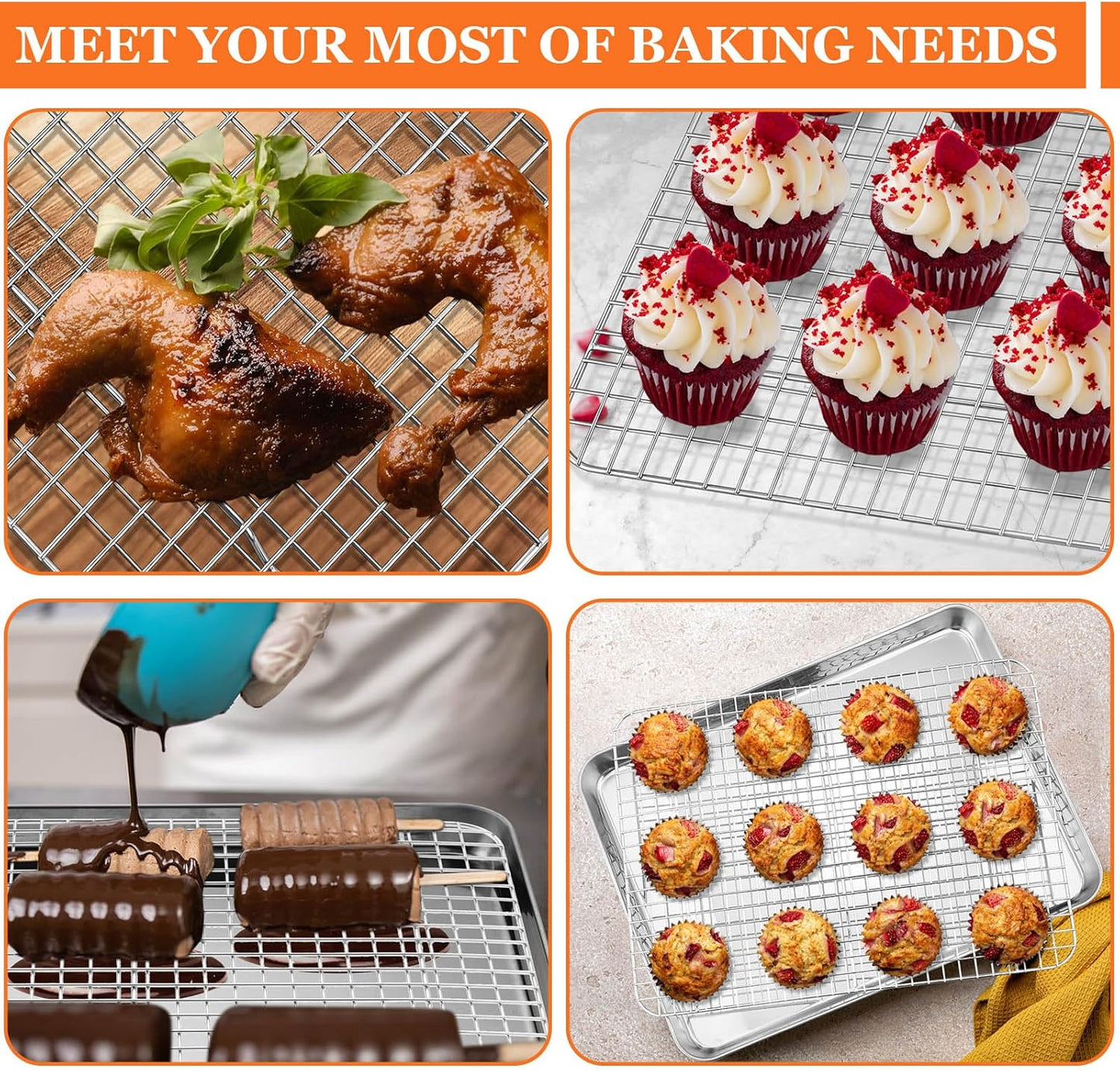 Leonyo Large Stainless Steel Baking Pan Set - 17.5" x 13" Nonstick Cookie Sheets with Cooling Rack | 4 Pack