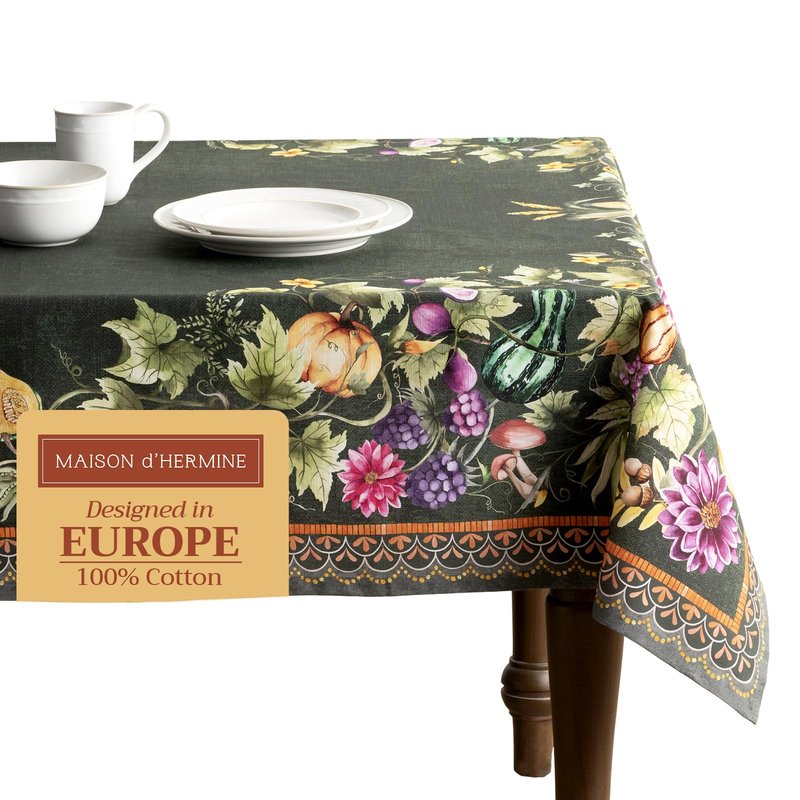 Maison d' Hermine Table Cloth Rectangle Table 100% Cotton 70 x 90 Inches Fall Tablecloth Reusable Everyday Use for Thanksgiving Christmas Decorations Dining Farmhouse (Pumpkin Garden - Dark Green)