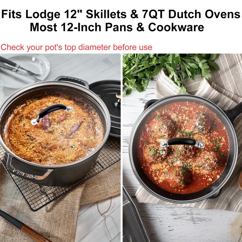 12 Inch Tempered Glass Lid for Lodge 12" Cast Iron Skillets & 7QT Dutch Ovens - Pre-Assembled Riveted Handle with Heat-Resistant Silicone Cover,Steam Vent Hole Design