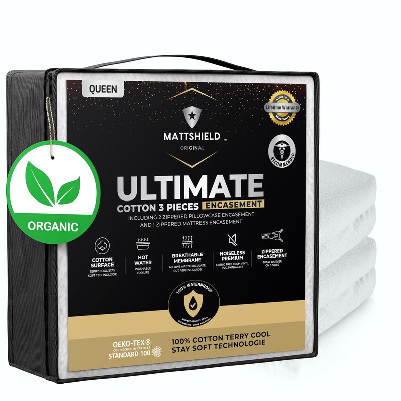 MATTSHIELD Ultimate Sensitive Skin 3-Piece Kit – Queen Size Bed Bug Mattress Protector + 2 Zippered Pillow Covers – Organic Cotton Terry Top – Waterproof 6-Sided Encasement, Soft & Breathable