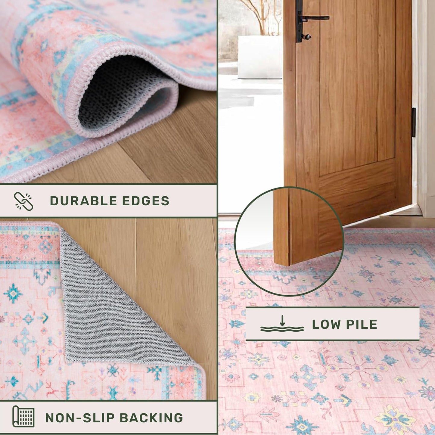 Oushak Rugs | Washable 9x12 Pink and Blue Area Rug - Modern Floral Design, Soft Faux Wool, Non-Slip