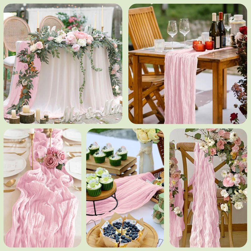 Xiomot Table Runner Pink Cheesecloth Valentine's Day 10FT Blushing Pink Boho Gauze Cheese Cloth Rustic Sheer Table Runners for Summer Wedding Bridal Baby Shower Party Decoration