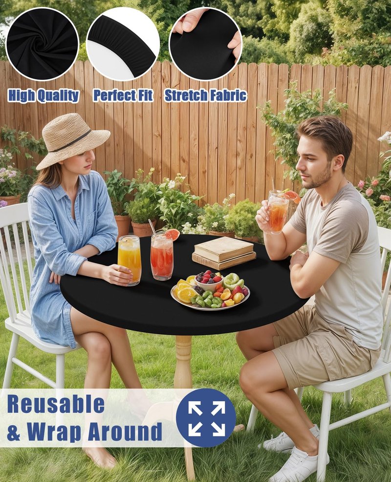 Moosfor Round Spandex Tablecloth 2 Pack, Elastic Fitted Waterproof Tablecloths for 36"-44" Tables, Stretch Washable Picnic Table Cover for Camping, Dining, Indoor and Outdoor, Black