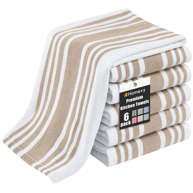 Homaxy Premium Kitchen Towels 18”x 28”, Large Cotton 380 GSM Kitchen Hand Towels, Stripe and Terry Dish Towel, Highly Absorbent Tea Towel Set with Hanging Loop, 6 Pack, Khaki