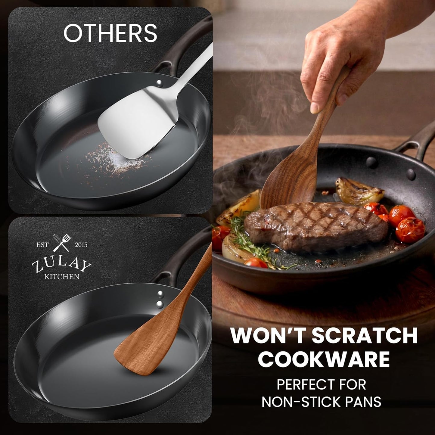 Zulay Kitchen 9-Piece Teak Wood Cooking Utensil Set - Non-Toxic, Non-Stick Wooden Spoons & Tools | Comfortable Grip & Smooth Finish