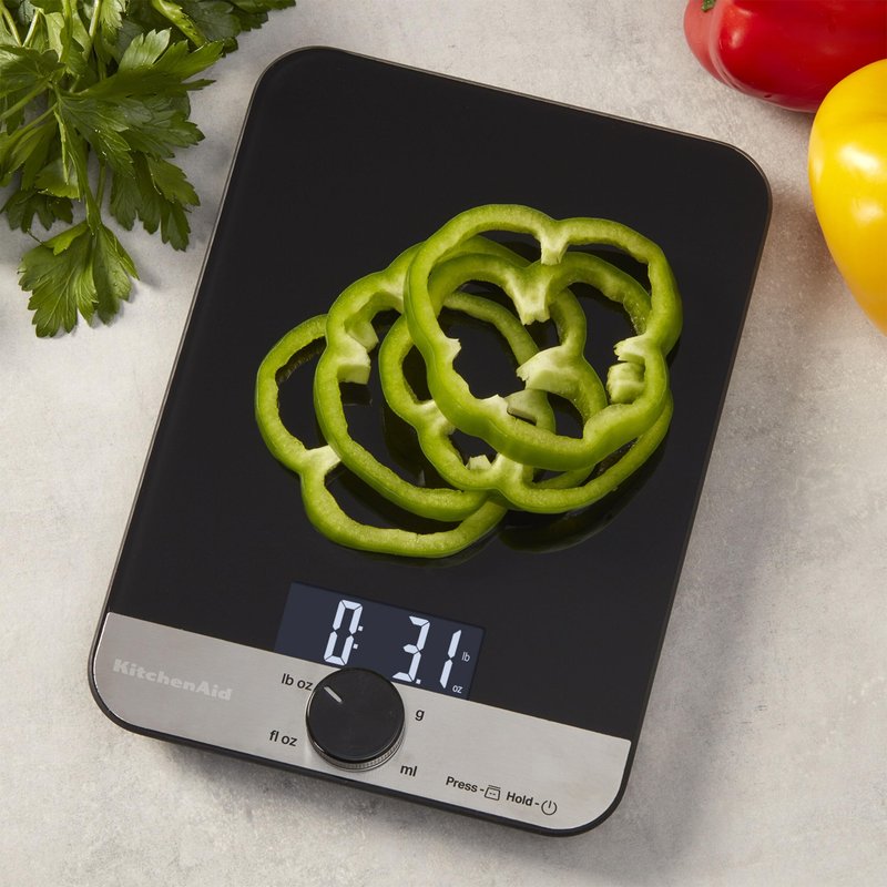 KitchenAid KQ908 Glass Surface 11 Pound Capacity Digital Kitchen and Food Scale, Scale for Food Ounces and Grams, Dry and Liquid Ingredients, Black
