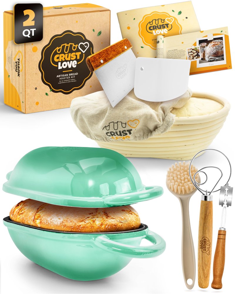 CRUSTLOVE Dutch Oven for Baking - incl. Sourdough Baking Supplies like Banneton Proofing Basket - 6.75QT Enameled Oval Cast Iron Bread Oven with Lid and Scoring Tool Lame