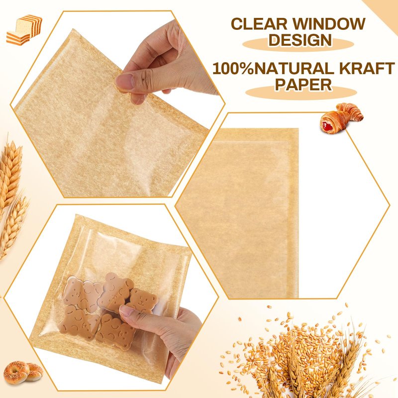 Outus 100 Pcs Cookie Packaging Bags with Seal, 6 x 6 Inch Bakery Pastry Bags with Window, Heat Sealable Grease Resistant Paper to Go Bake Sleeves for Gift Giving Donut Bread Sandwich (Brown)