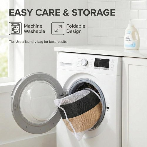 JMvicyroam Extra Large Blanket Basket - Woven Cotton Rope Laundry Hamper with Reinforced Handles | Black & Jute, Machine Washable