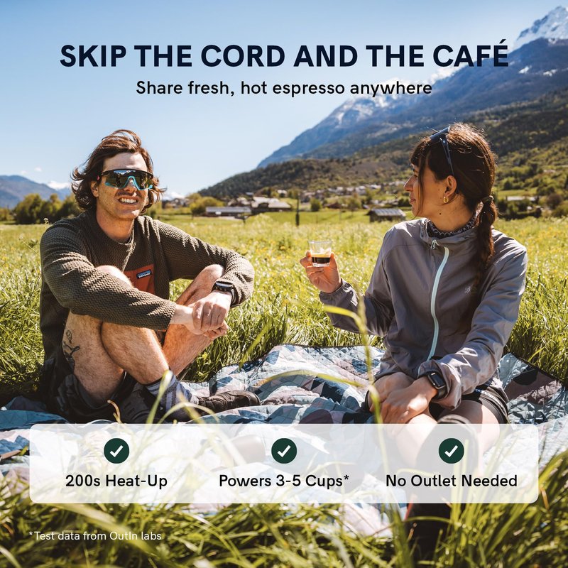 OutIn Nano Portable Electric Espresso Machine, Travel Coffee Maker for Camping, Car Coffee Maker Self-Heating with USB-C, With Ground Coffee & NS Capsule for RV, Hiking, Office