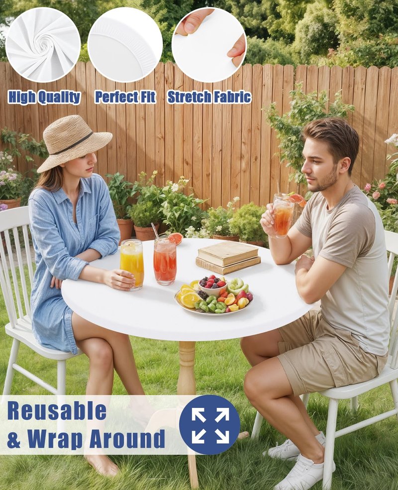 Moosfor Round Spandex Tablecloth, Elastic Fitted Waterproof Tablecloths for 51"-62" Tables, Stretch Washable Picnic Table Cover for Camping, Dining, Indoor and Outdoor, White