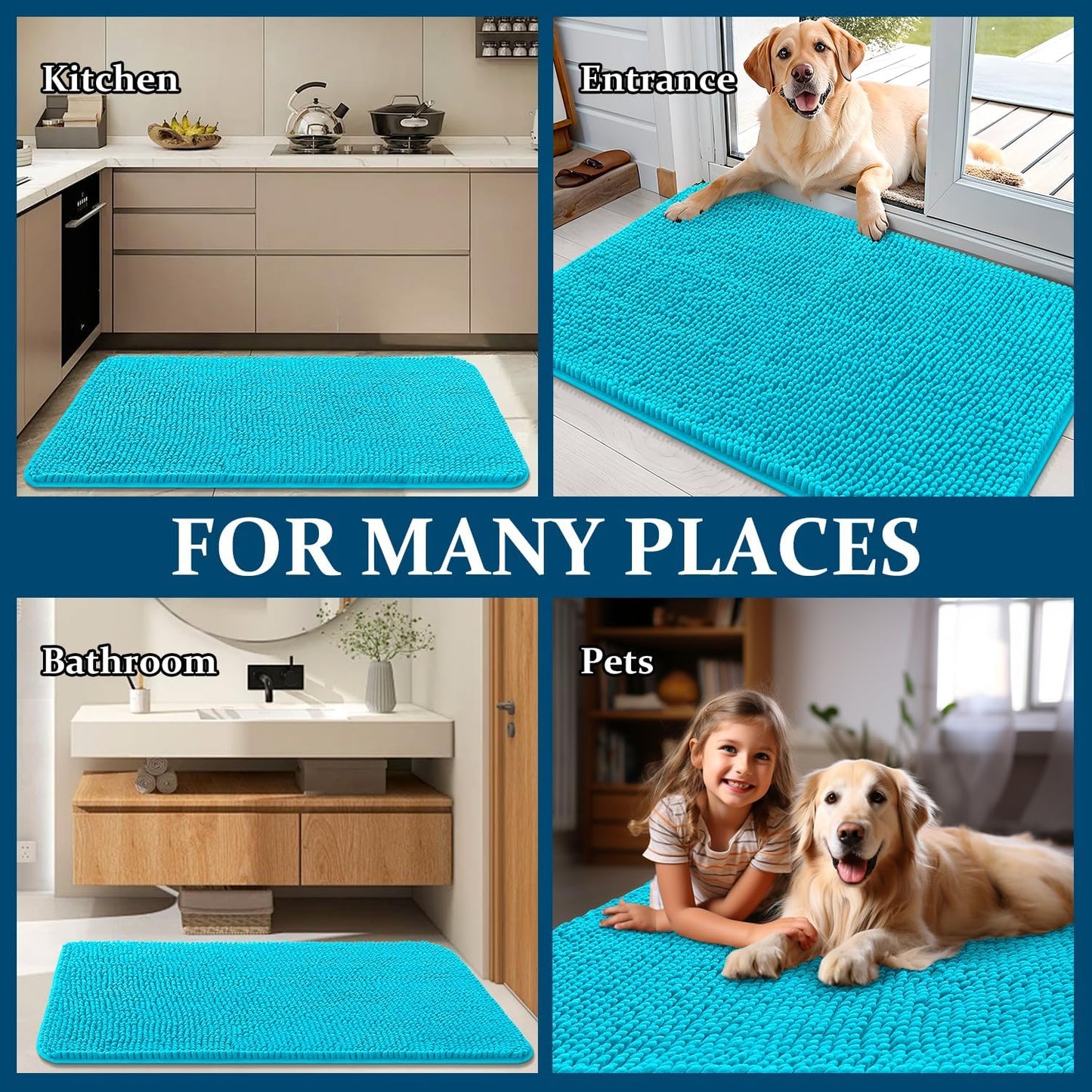 OLANLY Dog Door Mat - Absorbent Non-Slip Washable Doormat for Muddy Paws | Quick Dry Chenille, Aqua Blue 48x30