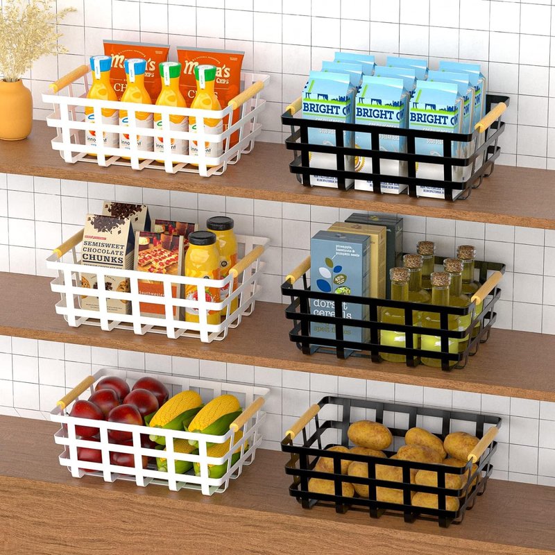 4 Pack Large Metal Storage Baskets, Farmhouse Baskets, Pantry Organizer Baskets with Wood Handle, Metal Baskets Bins for Kitchen Pantry Shelf Cabinets, White