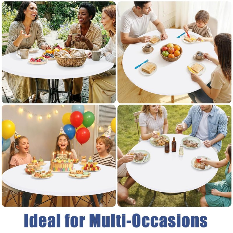 Moosfor Round Spandex Tablecloth, Elastic Fitted Waterproof Tablecloths for 51"-62" Tables, Stretch Washable Picnic Table Cover for Camping, Dining, Indoor and Outdoor, White