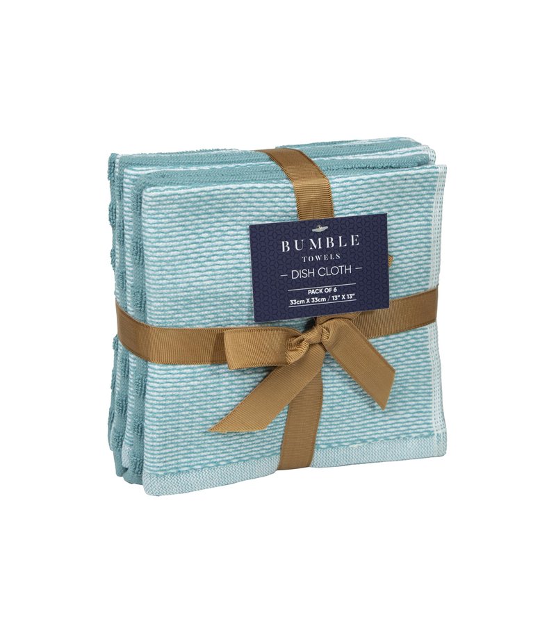 Bumble Premium Dish Cloths 13"x13" (6 Pack) | 100% Natural Ring Spun Cotton | 400 GSM | Highly Absorbent & Soft |Yarn Dyed & Solid Dyed Terry Dish Cloth Set - Aqua