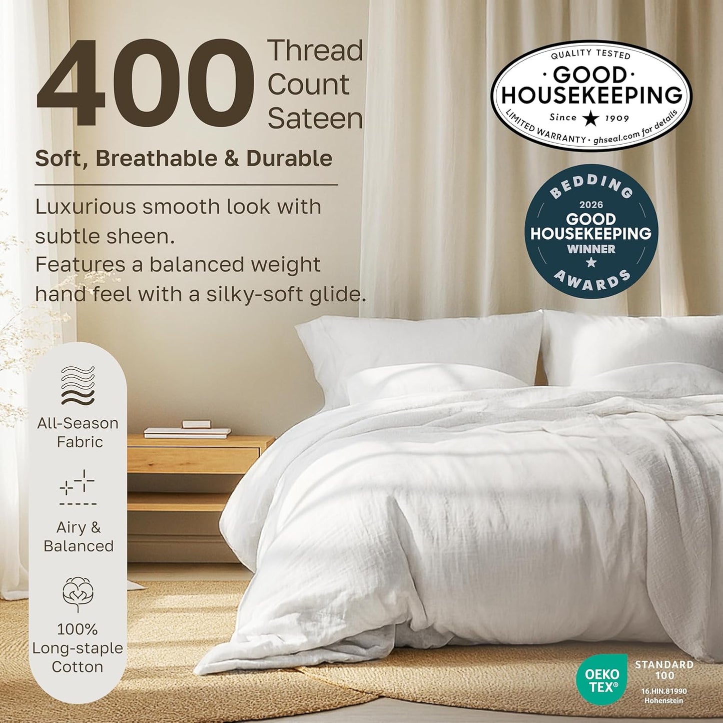 California Design Den Full Size Sheet Sets - 400 Thread Count 100% Cotton Sateen - Soft, Breathable & Deep Pocket - Bright White (2-Pack)
