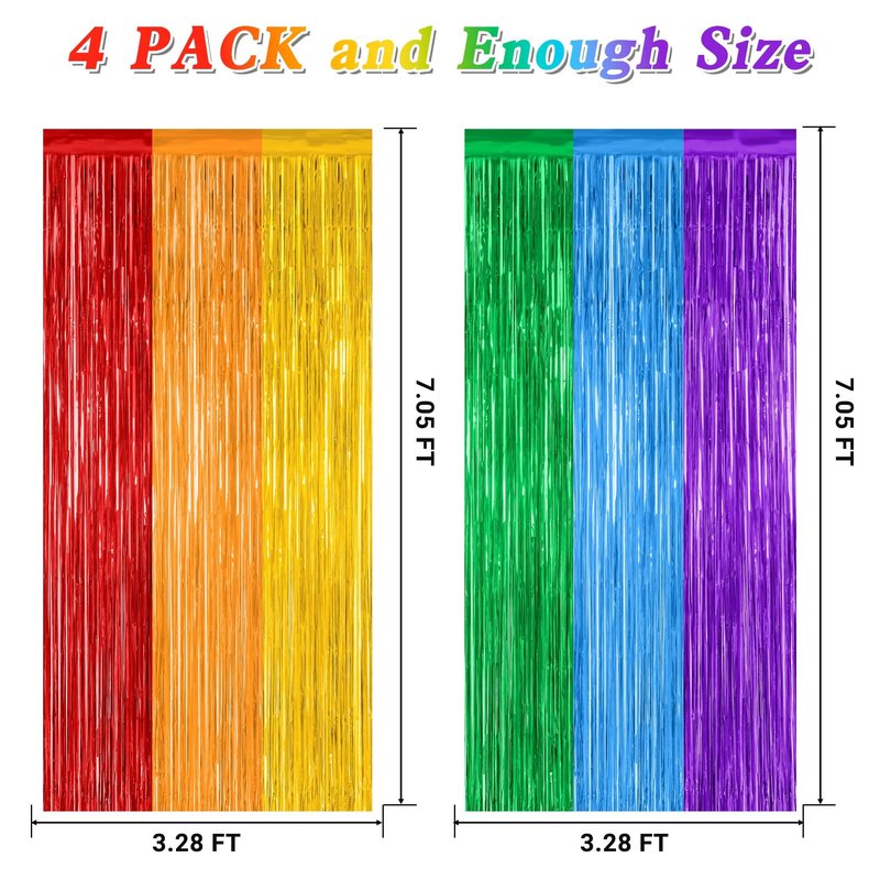 ZATAYE 4 Pack Pride Decorations, 3.28 FT x 7.05 FT Rainbow Backdrop, Metallic LGBT Party Decor Foil Tinsel Party Streamer Backdrop Curtains, Rainbow Curtains Birthday Photo Booth Props