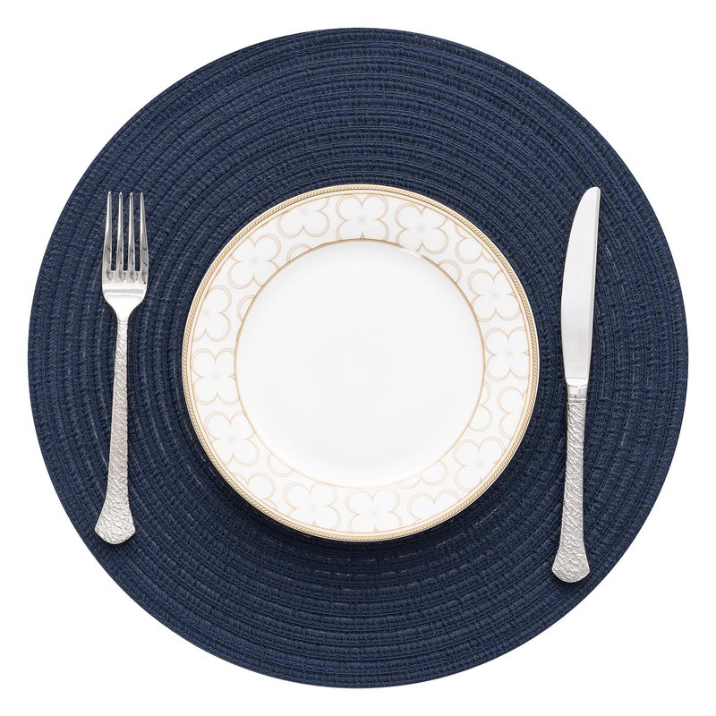 SHACOS Round Placemats Set of 8 Washable 15 inch Round Table Mats Cotton Polyester Woven Braided Place Mats for Dining Table, Navy