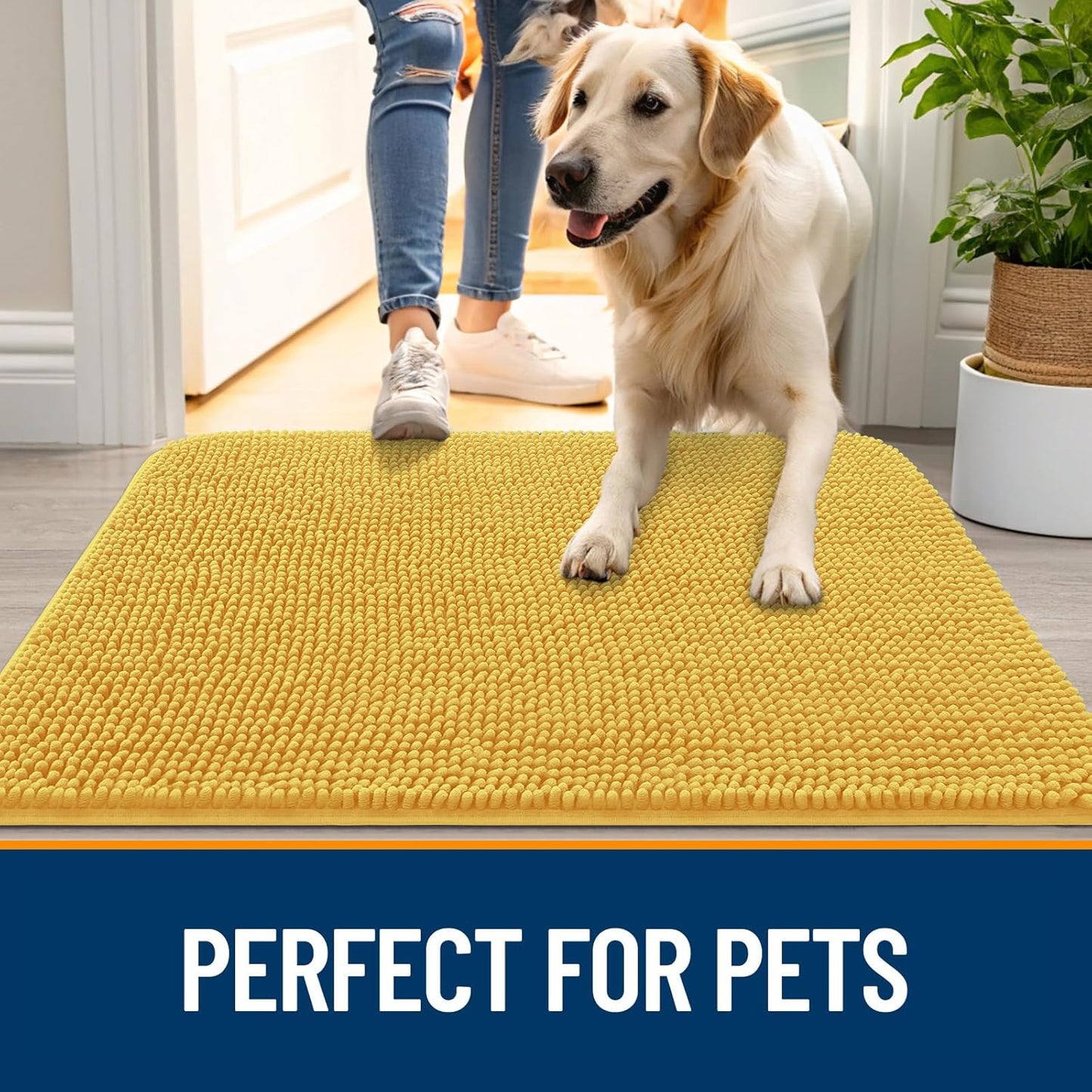 OLANLY Dog Door Mat - Absorbent Non-Slip Washable Doormat for Muddy Paws | 59x32 Yellow Chenille Mat