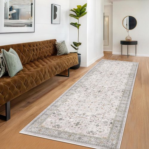 Hazo Haus Boho Hallway Runner - Light Gray & Taupe, Washable, Non-Slip, Stain Resistant 16ft Rug