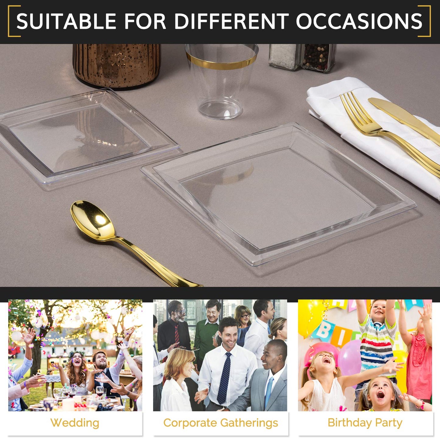 Oasis Creations Clear Square Plates Set 9" - 50 Count - Premium Hard Clear Plastic - Disposable and Reusable - Dinner - Salad - Party Plate Set - Weddings, Parties, Events & More!