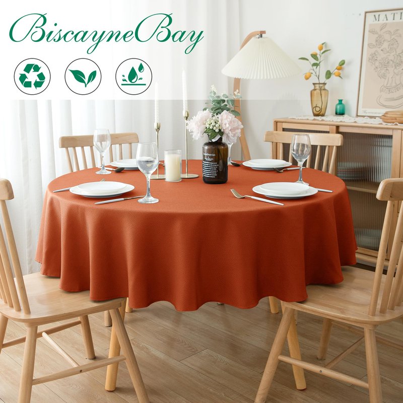 Biscaynebay 2 Pack Textured Fabric Round Tablecloths 60'' for Tables diameters from 28" to 48", Rust Table Cloth Water Resistant Small Circle Folding Table Covers for Dining Kitchen Wedding Parties