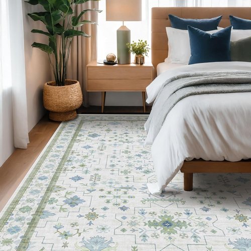 Hazo Haus Area Rug - Vintage Boho Floral Design | 8x10 Cream Oushak, Washable, Non-Slip for Living Room & Playroom