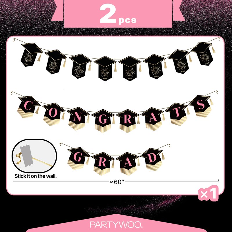 PartyWoo Class of 2026 Black Pink Gold Graduation Banner Decorations 2pcs Black Pink Gold 2026 Hanging Congrats Grad Party Banner Supplies for Middle High School College Graduation Party Decorations