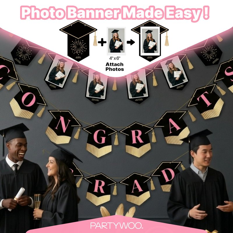 PartyWoo Class of 2026 Black Pink Gold Graduation Banner Decorations 2pcs Black Pink Gold 2026 Hanging Congrats Grad Party Banner Supplies for Middle High School College Graduation Party Decorations