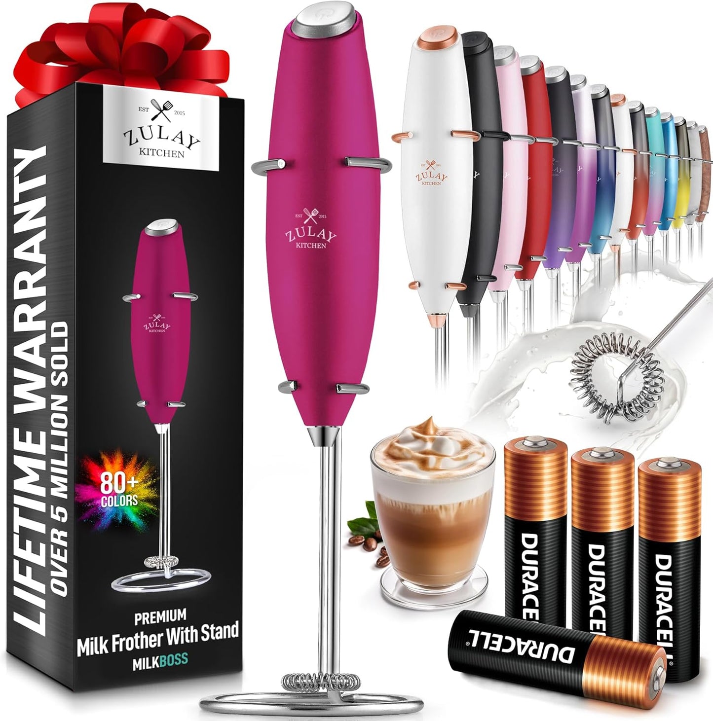 Zulay Kitchen Milk Frother Wand - Ultra-Fast Electric Whisk for Coffee, Lattes & More - Dragonfruit Color