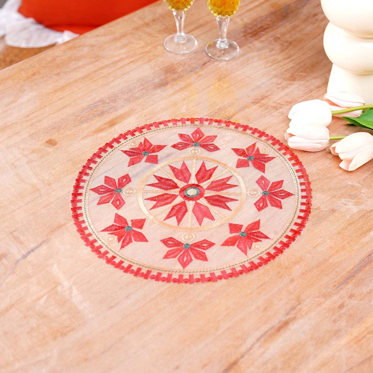 ARTMAGIC Clear Plastic PVC Tablecloth Embroidery Red Lace Rectangle Transparent Table Protector 100% Oil Proof Waterproof for Home Holiday Party Dining Room (Red, 60"x120")