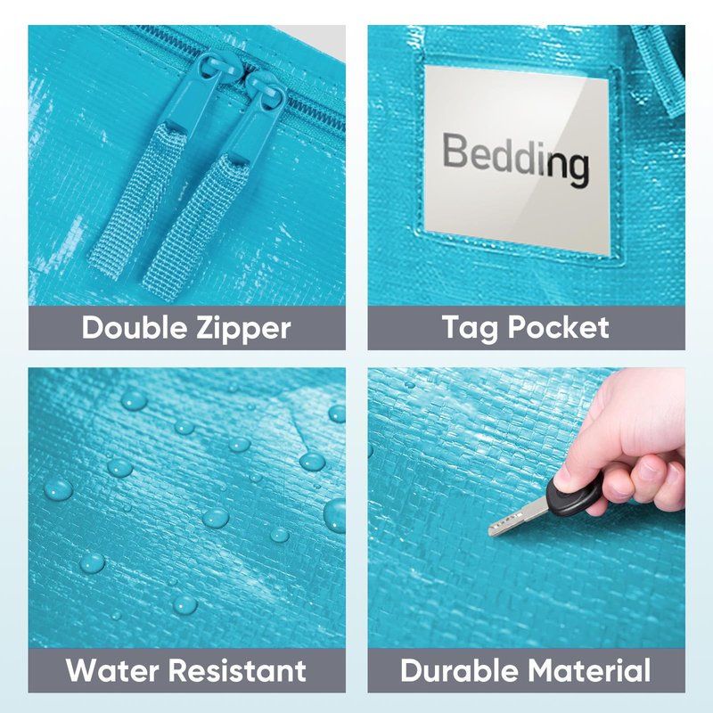 TICONN 8 Pack Extra Large Moving Bags Heavy Duty with Zippers & Carrying Handles, Durable Storage Bags Moving Boxes for Closet Organizers and Storage (8 Pack, Aqua)