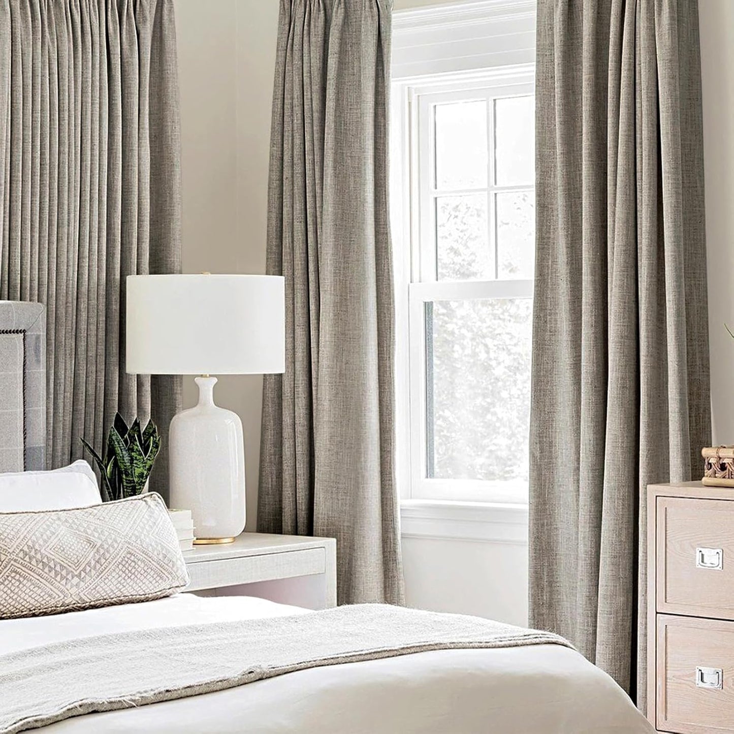 MIULEE Linen Curtains - 100% Blackout Thermal Insulated Drapes | Greige Room Darkening 52x108 Inch (2 Panels)