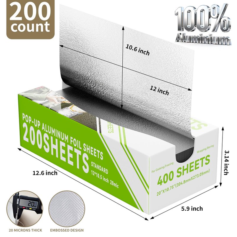 Aluminum Foil Sheets - 200 Count Pre Cut Tinfoil, 12" x 10.6" Inch Pre Cut Foil Sheets for Food, Hot Dog or Sandwich Wrap, Food Storage, Baking, Catering, Restaurant, Kitchen Use