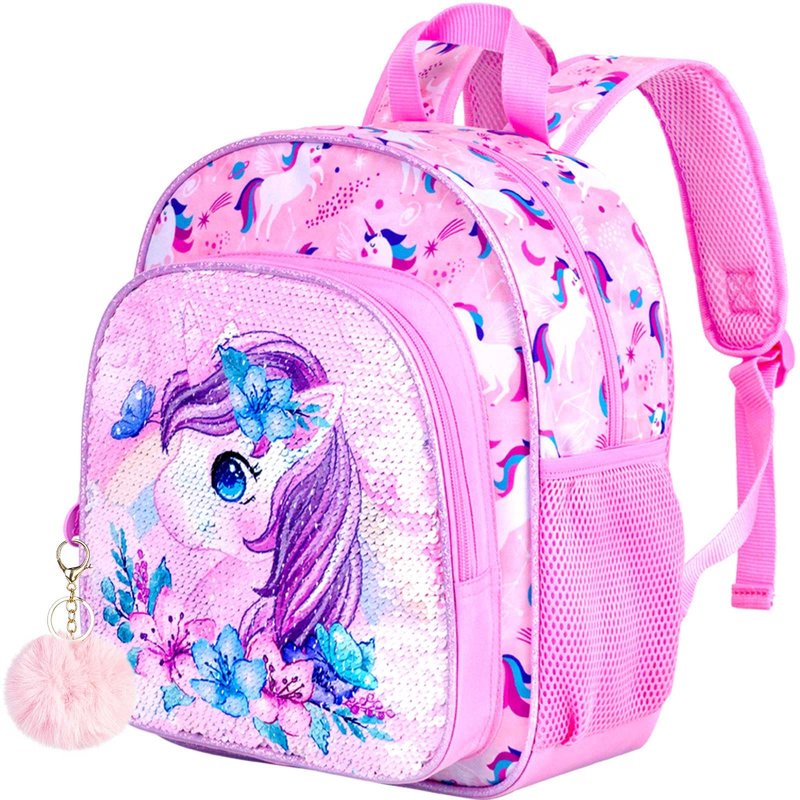 KLFVB Toddler Backpack for Girls, Cute Unicorn Bookbag for Little Kids, 12” Sequin Kindergarten Preschool Schoolbag