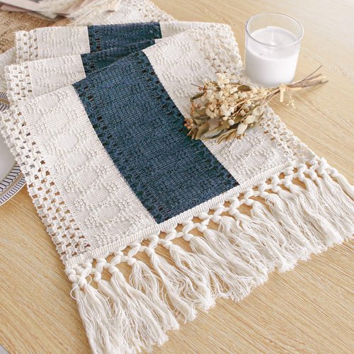 FEXIA Boho Table Decor 48 Inch Cream & Blue Macrame Runner with Tassels for Boho Dining & Bedroom Decor Rustic Bridal Shower (12x48 Inches)