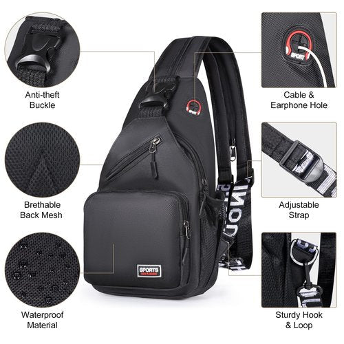 Geestock Crossbody Sling Bag for Men & Women, 2-1 Small Backpack Convertible Sling Backpack Waterproof Shoulder Chest Bag for Daypack Travel Hiking (Black)