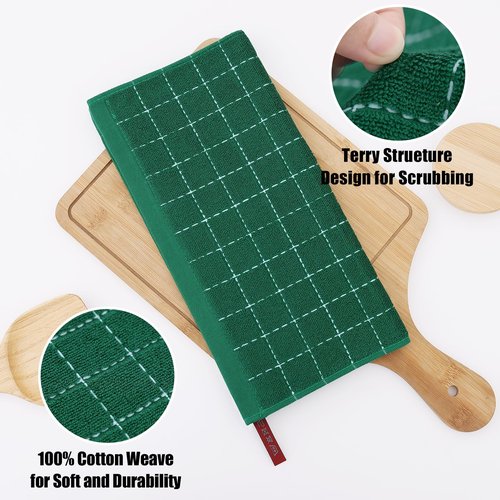 Homaxy 100% Cotton Terry Kitchen Dish Cloths, Ultra Soft and Absorbent Dish Towels for Kitchen, Perfect for Drying and Washing Dishes, 12 Pack, 12 x 12 Inches, Dark Green