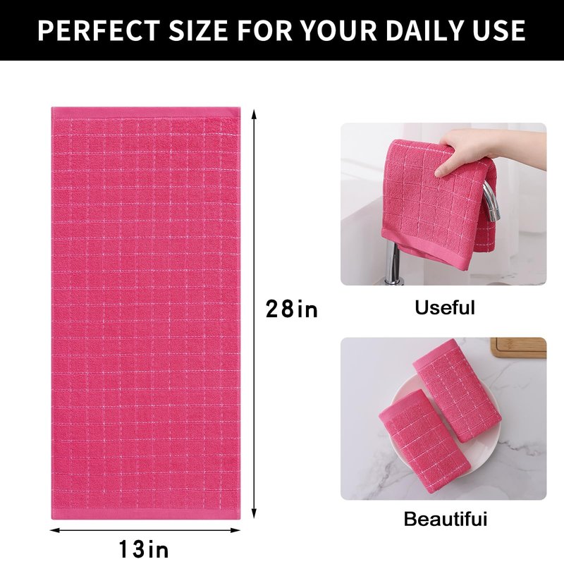 Homaxy 100% Cotton Terry Kitchen Towels(Rose Red, 13 x 28 inches), Checkered Designed, Soft and Super Absorbent Dish Towels, 4 Pack