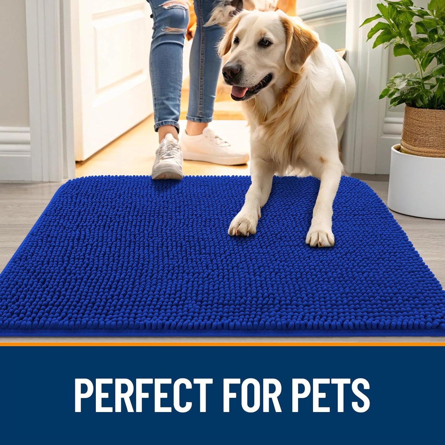 OLANLY Dog Door Mat - Absorbent Non-Slip Washable Doormat for Muddy Paws | 47x20 Royal Blue