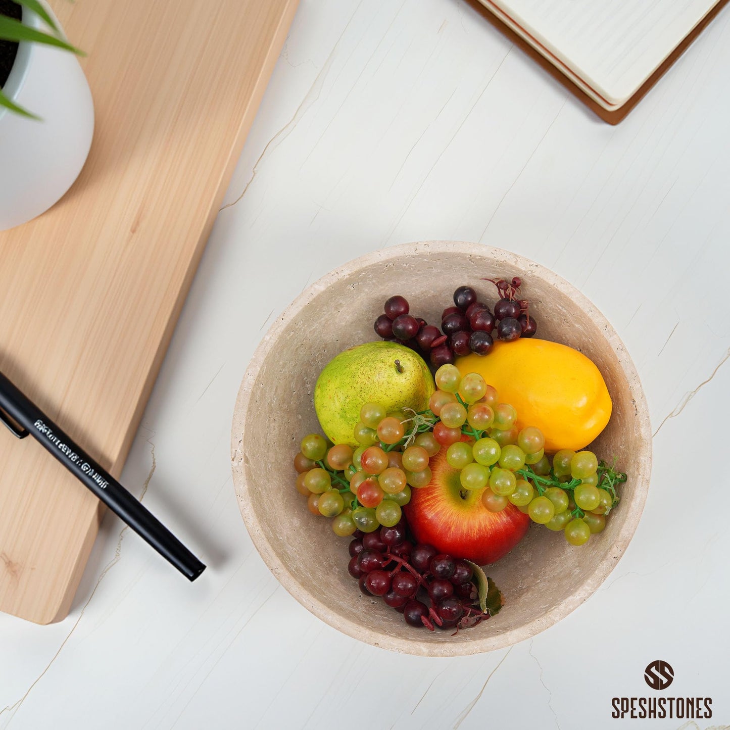 SPESHSTONES Marble Fruit Bowl for Kitchen Counter 10 Inch Handmade Travertine Serving Bowls for Dining Tables Centerpieces, Gifts & Home Decor, Candy Dish, Decorative Pedestal Bowl for Fruits Storage