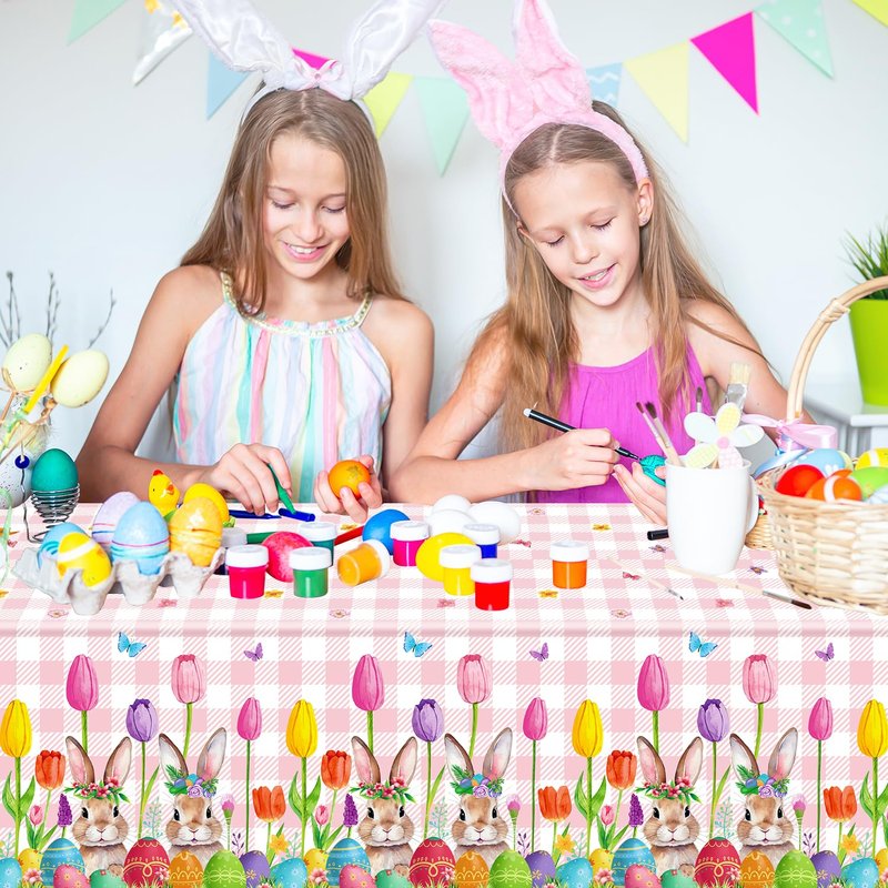 TJYJOY 4 Pack Easter Tablecloth Spring Tulip Buffalo Bunny Table Cloth Disposable Rectangle Table Covers Easter Decorations for Picnic Spring Birthday Party Supplies 51 x 86in