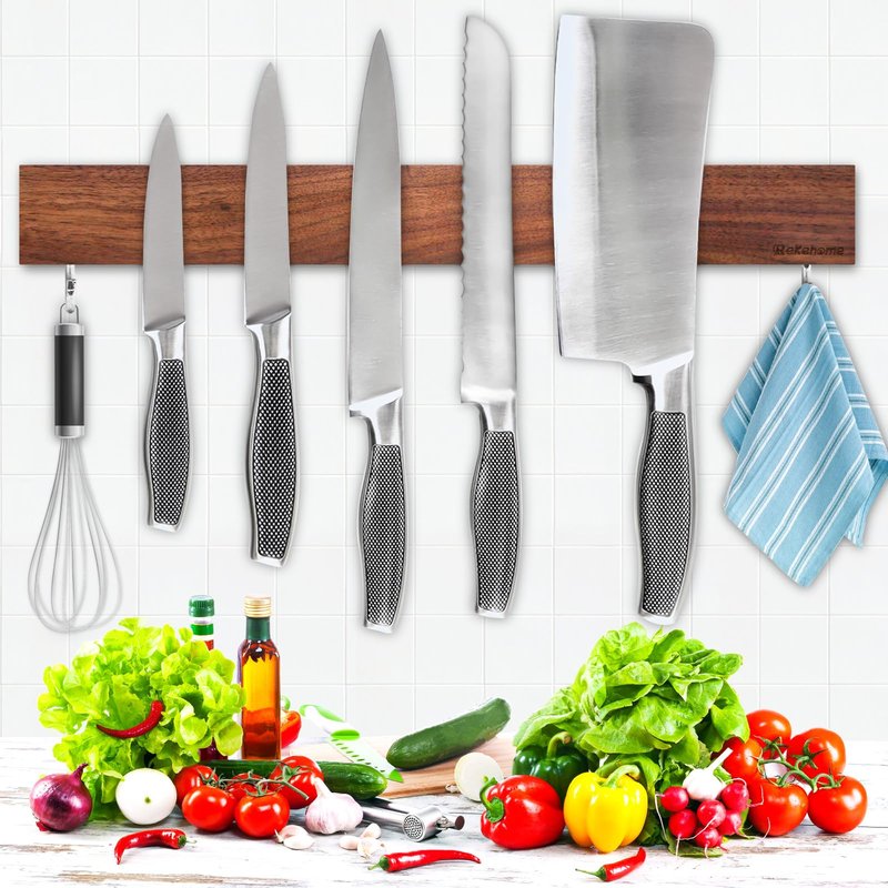 Magnetic Knife Holder for Wall 16 Inch, Bamboo knife magnetic strip No Drilling with 2Hooks, Strong Magnet Knife Holder strip, Magnetic Knife Rack Bar for Kitchen Knives and Tools