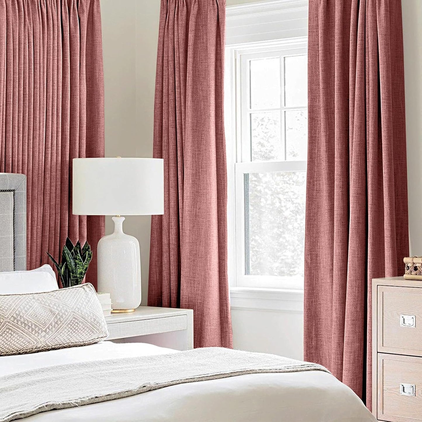 MIULEE 100% Blackout Linen Textured Curtains - Solid Thermal Insulated Drapes in Dusty Rose | 42 x 84 Inch (2 Panels)