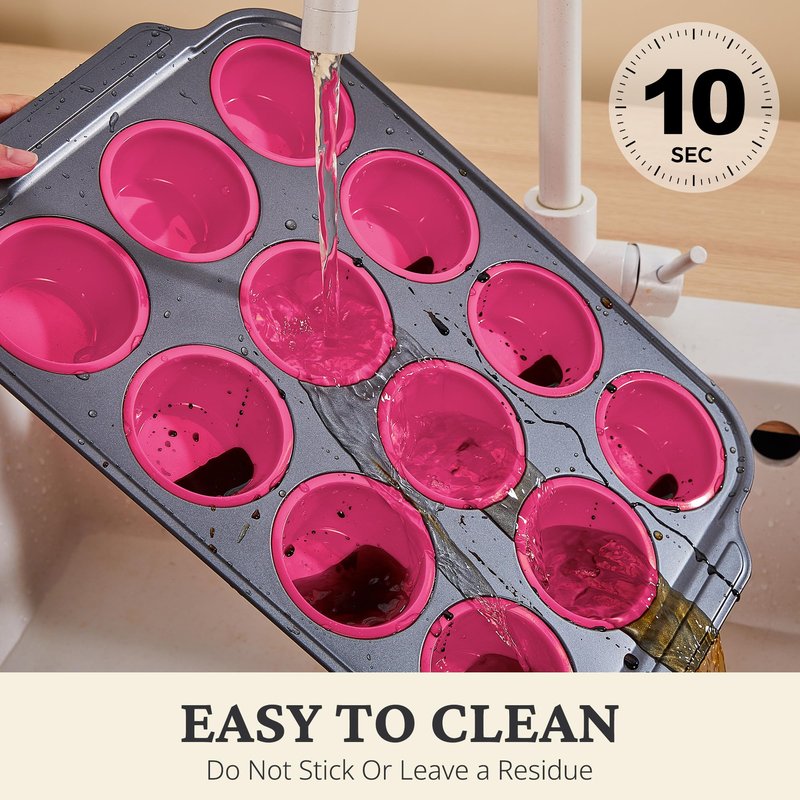 BRONYPRO Silicone Muffin Pans for Baking with Metal Frame, Egg Bite Molds, Cupcake Pans 12 Regular Size, Muffin Tins Easy to Pop Nonstick Non Toxic Bakeware for Oven,Rose Pink