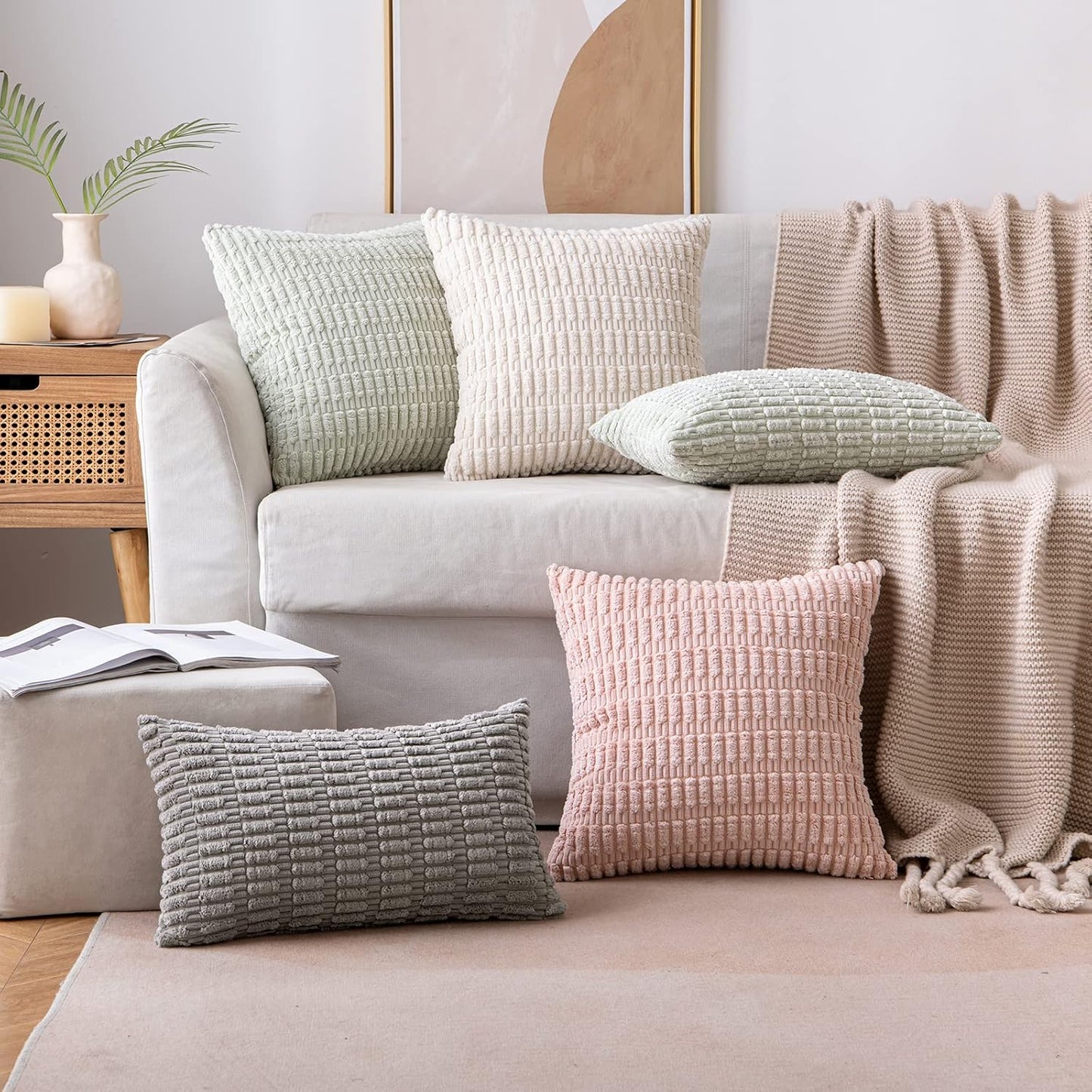MIULEE Euro Sham Pillow Covers - Soft Boho Striped Corduroy | Pack of 2, 22x22 Inch, Cream White