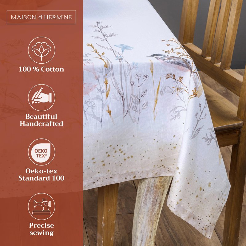 Maison d' Hermine Table Cloth Rectangle Table 100% Cotton 60 x 120 Inches Tablecloth Reusable Decorative for Dining Kitchen Farmhouse Home Gifts for Mothers Day Spring Summer- Meadow Florals - Beige