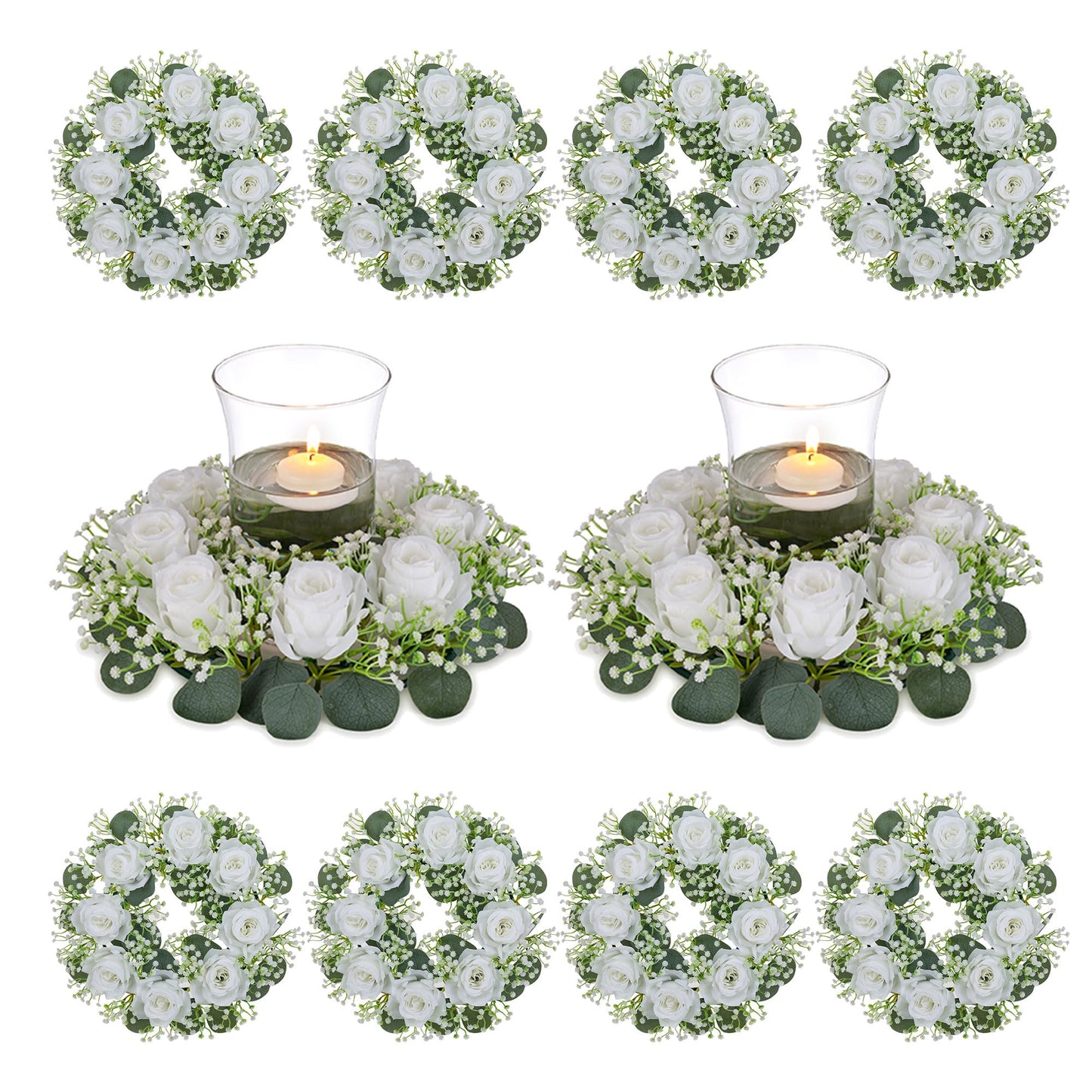 BLOSMON Wedding Flower Rings Centerpiece: 10 Pcs 14 Inch Diam Large Dusty Pink White Rose Babys Breath Fake Flowers Candle Rings Wreaths for Home Party Table Decor Artificial Spring Floral Wreath