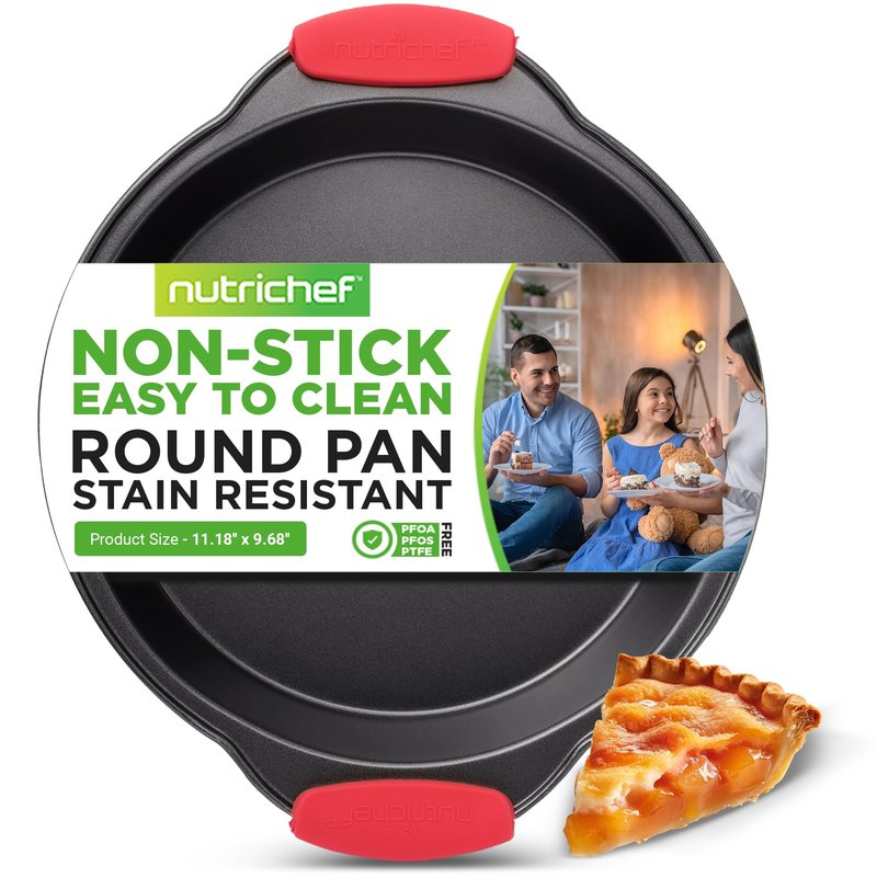 Nutrichef Non Stick Round Cake Pan, Kitchen Essential Metal Bakeware with Silicone Handles, Durable, Easy-to-Clean, Dishwasher Safe, PFOA, PFOS, PTFE Free, 9.68 Inch Baking Pan With Silicone Coating